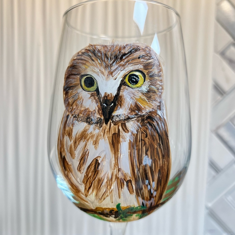 Hand Painted Owl Life Is A Hoot Wine Glass Hand Painted 18oz